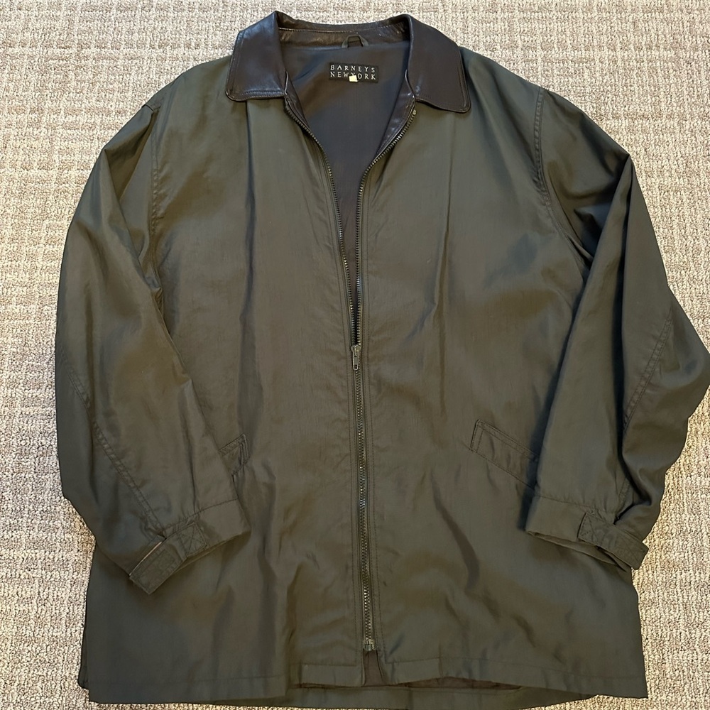 Barney’s New York Army Green with Brown Leather Collar Zip-Up Jacket